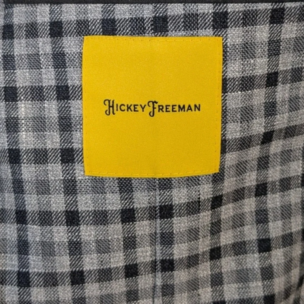 Hickey Freeman Mens 46L Gingham Check Linen Wool Blend Blazer Sport Coat Grey